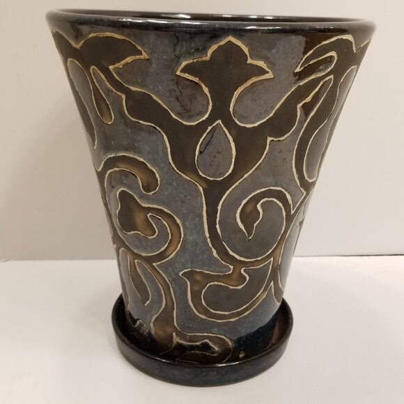 NorCal Dark Green Bronze Scrolls Urn Plant Pot Elegant Stylish Earthy